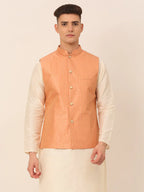 Jompers Men's Peach & Golden Embroidered Nehru Jackets
