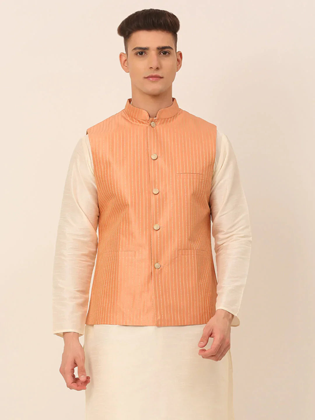 Jompers Men's Peach & Golden Embroidered Nehru Jackets