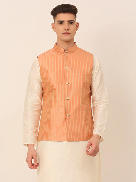 Jompers Men's Peach & Golden Embroidered Nehru Jackets