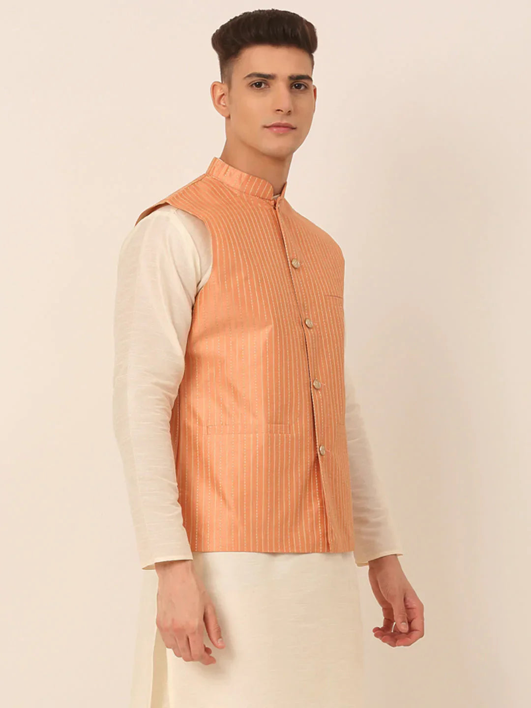 Jompers Men's Peach & Golden Embroidered Nehru Jackets