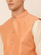 Jompers Men's Peach & Golden Embroidered Nehru Jackets