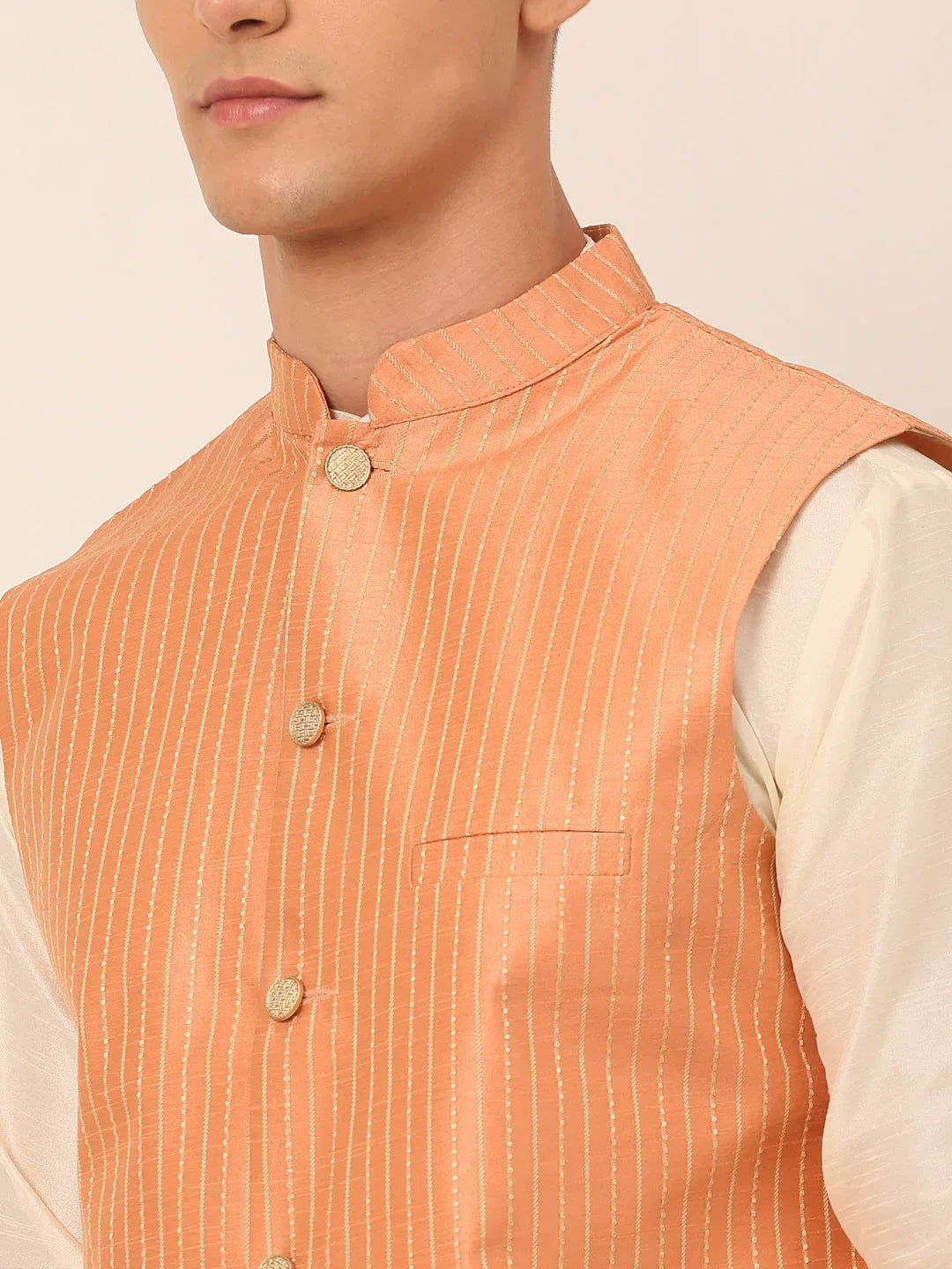 Jompers Men's Peach & Golden Embroidered Nehru Jackets