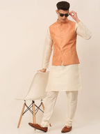 Jompers Men's Peach & Golden Embroidered Nehru Jackets