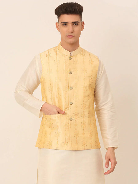 Jompers Men's Golden Embroidered Woven Nehru Jackets