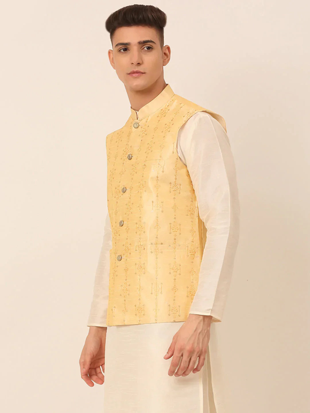 Jompers Men's Golden Embroidered Woven Nehru Jackets