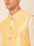 Jompers Men's Golden Embroidered Woven Nehru Jackets