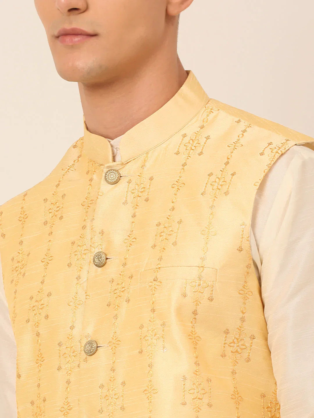 Jompers Men's Golden Embroidered Woven Nehru Jackets