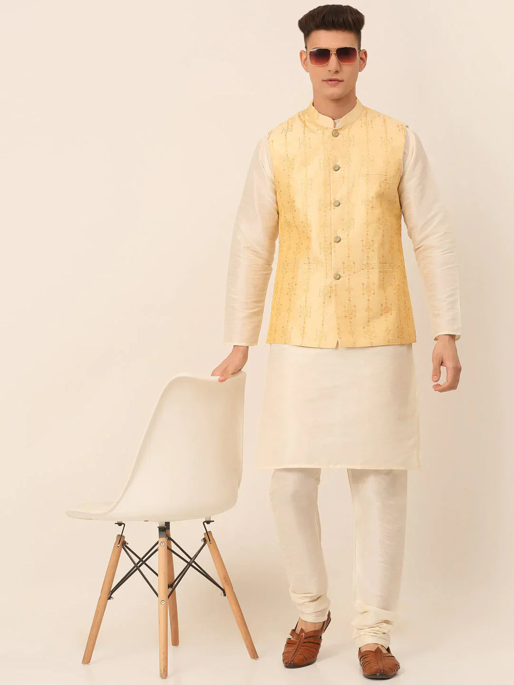 Jompers Men's Golden Embroidered Woven Nehru Jackets