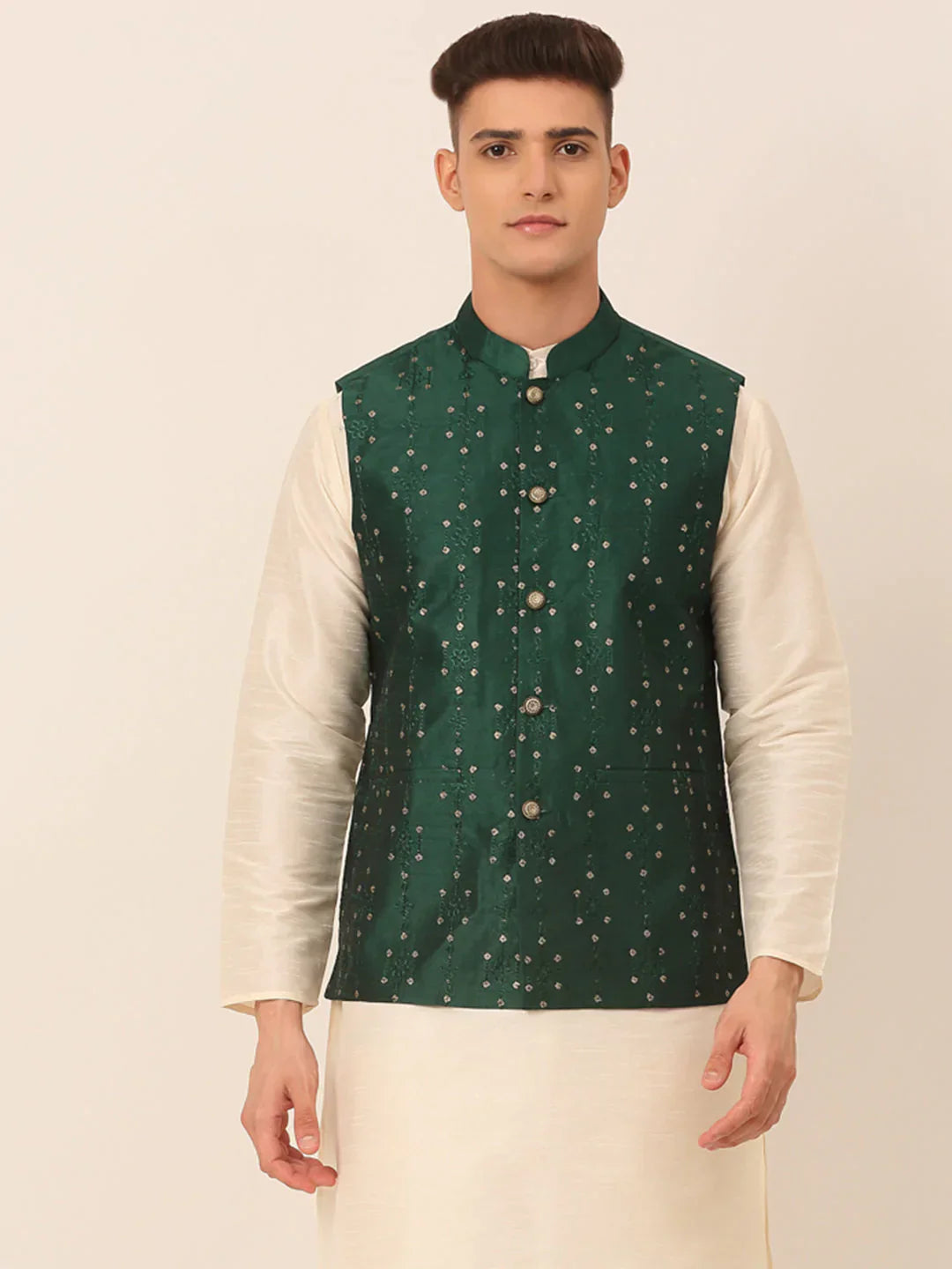 Jompers Men's Green Embroidered Woven Nehru Jackets