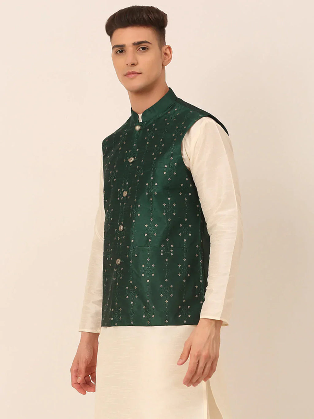 Jompers Men's Green Embroidered Woven Nehru Jackets