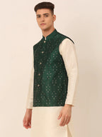 Jompers Men's Green Embroidered Woven Nehru Jackets