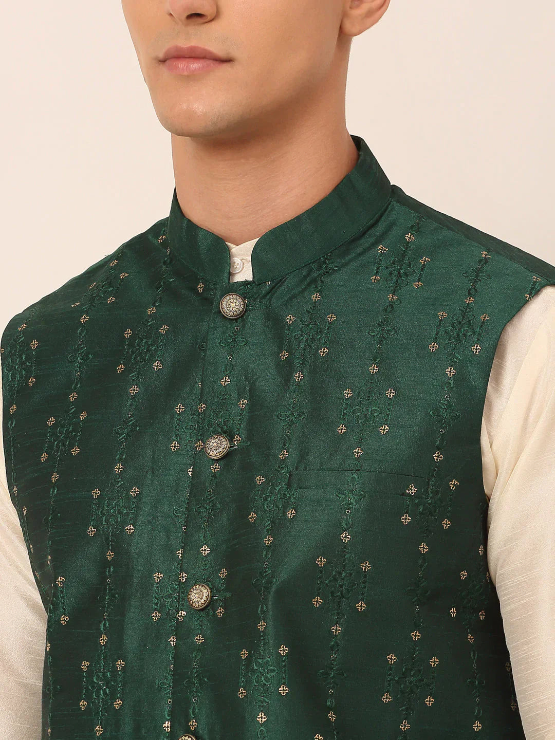 Jompers Men's Green Embroidered Woven Nehru Jackets
