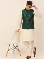 Jompers Men's Green Embroidered Woven Nehru Jackets