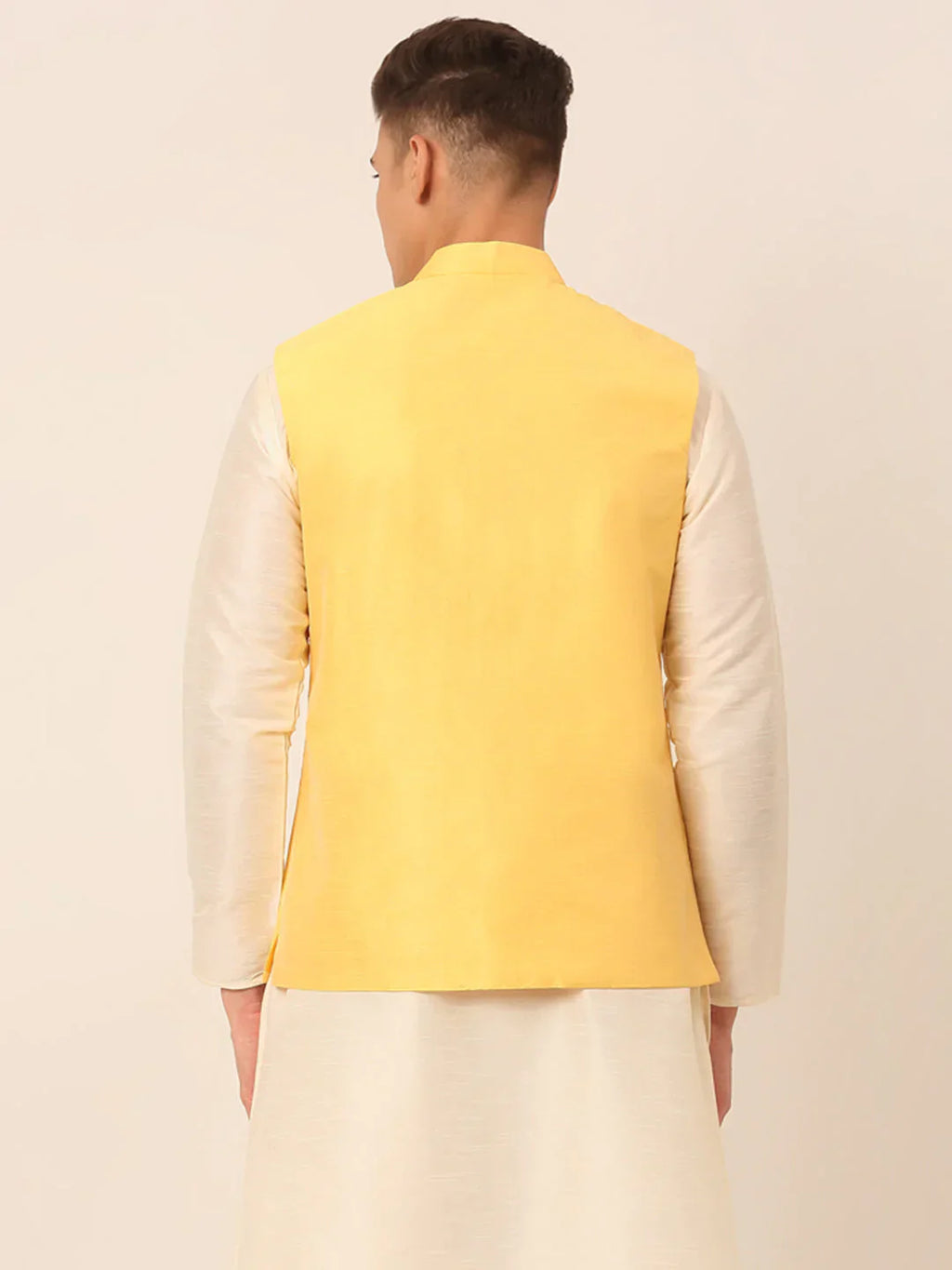 Jompers Men's Yellow Embroidered Woven Nehru Jackets