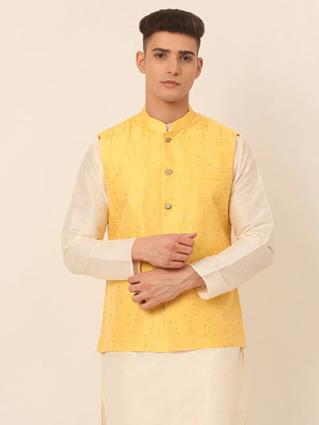 Jompers Men's Yellow Embroidered Woven Nehru Jackets
