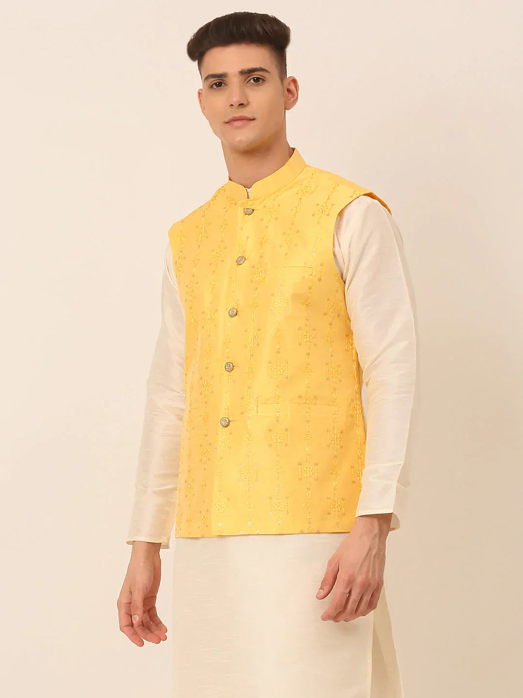 Jompers Men's Yellow Embroidered Woven Nehru Jackets