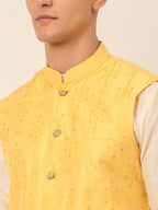 Jompers Men's Yellow Embroidered Woven Nehru Jackets