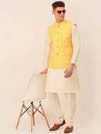 Jompers Men's Yellow Embroidered Woven Nehru Jackets