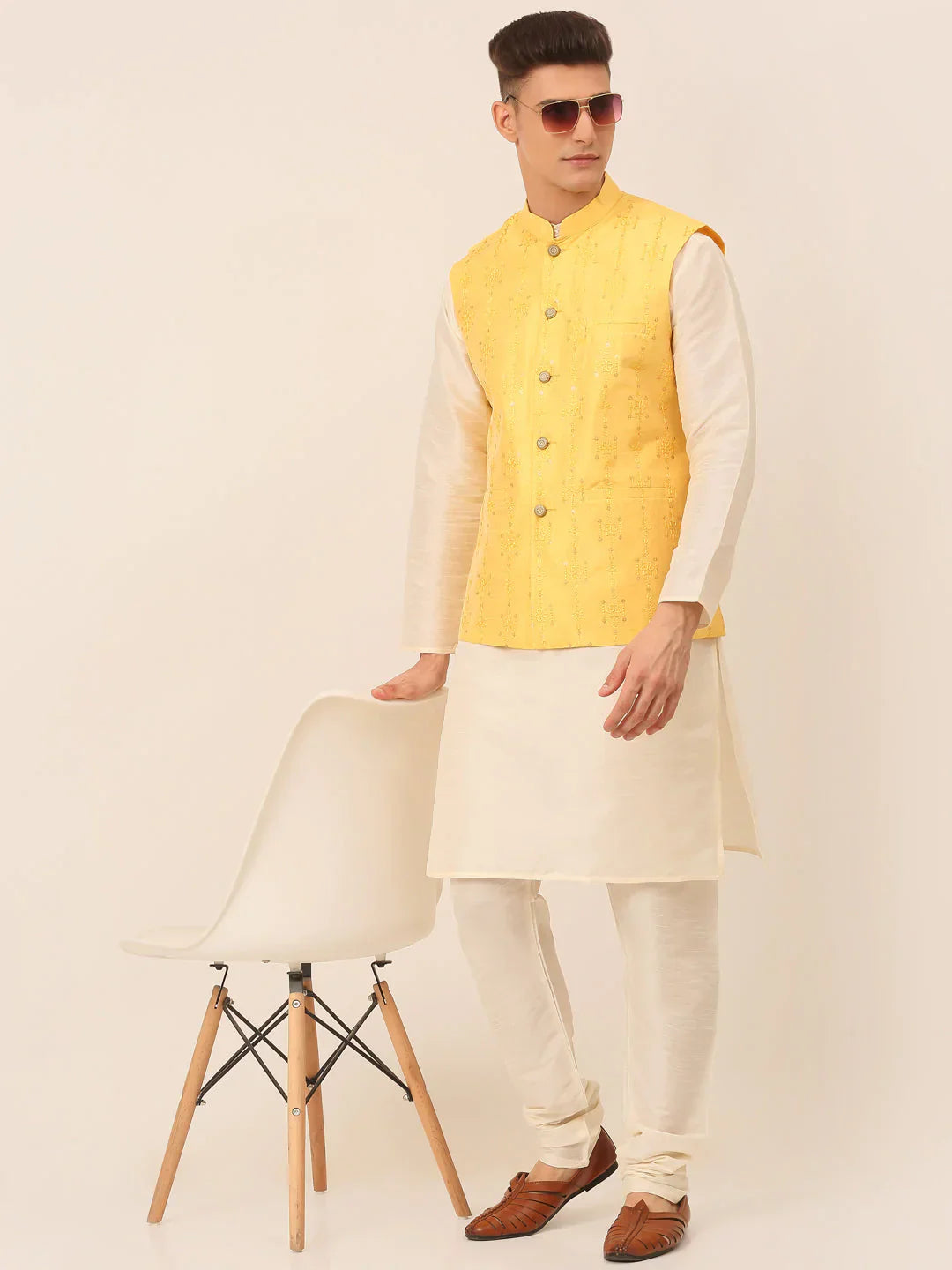 Jompers Men's Yellow Embroidered Woven Nehru Jackets