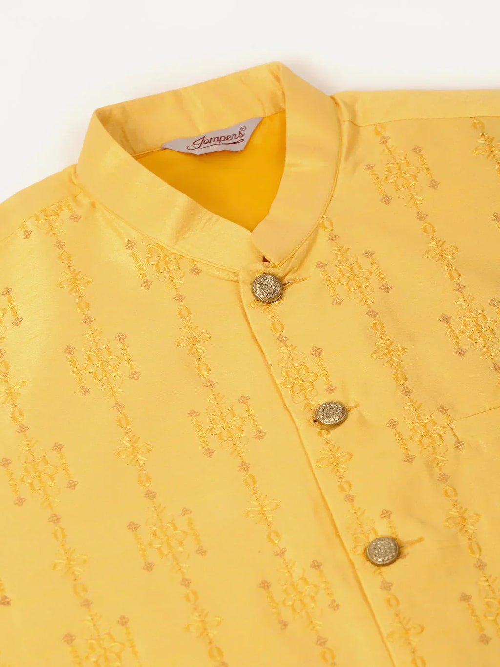 Jompers Men's Yellow Embroidered Woven Nehru Jackets