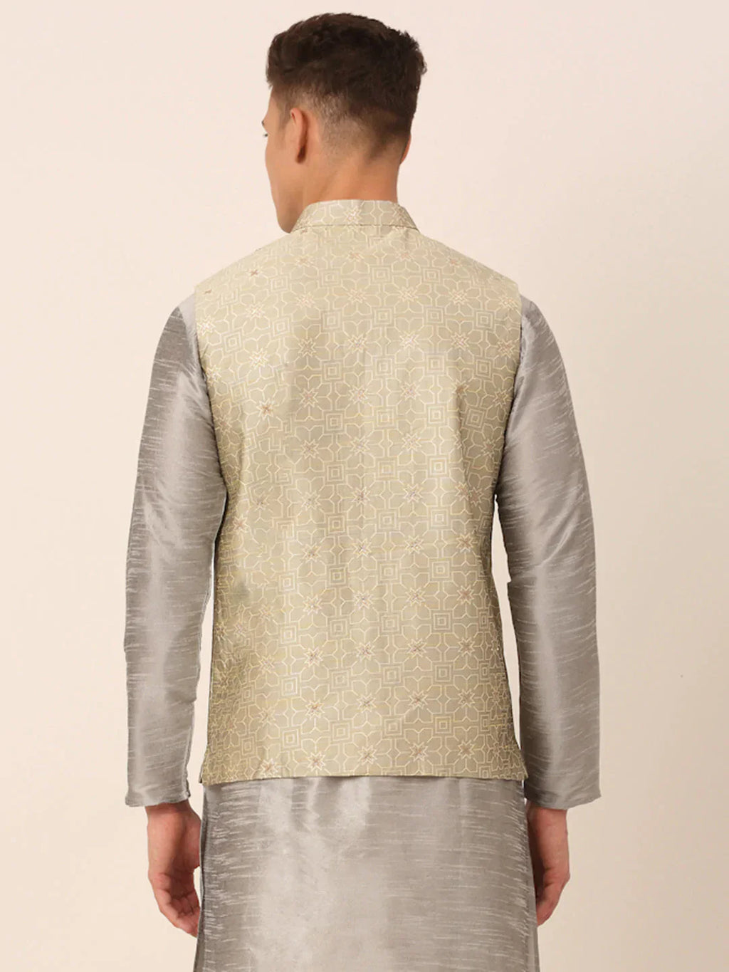 Jompers Men's Beige & Golden Woven Design Nehru Jackets-JOWC_4045Beige