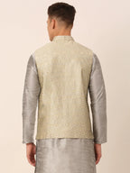Jompers Men's Beige & Golden Woven Design Nehru Jackets-JOWC_4045Beige