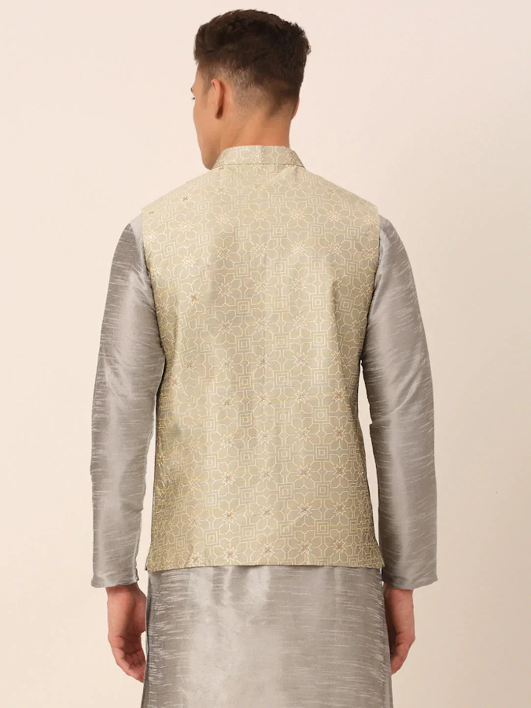 Jompers Men's Beige & Golden Woven Design Nehru Jackets-JOWC_4045Beige