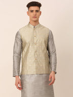 Jompers Men's Beige & Golden Woven Design Nehru Jackets-JOWC_4045Beige