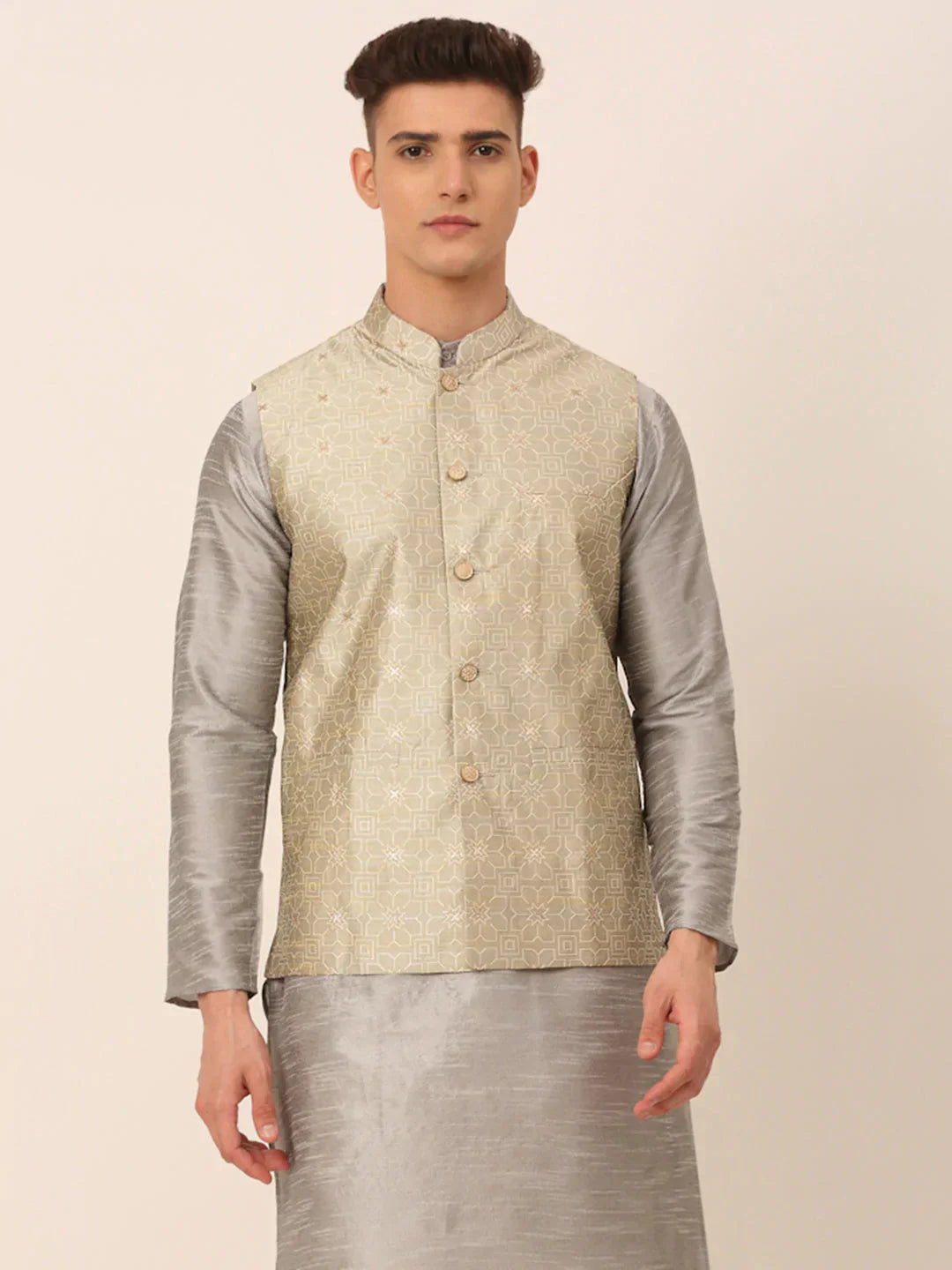 Jompers Men's Beige & Golden Woven Design Nehru Jackets-JOWC_4045Beige