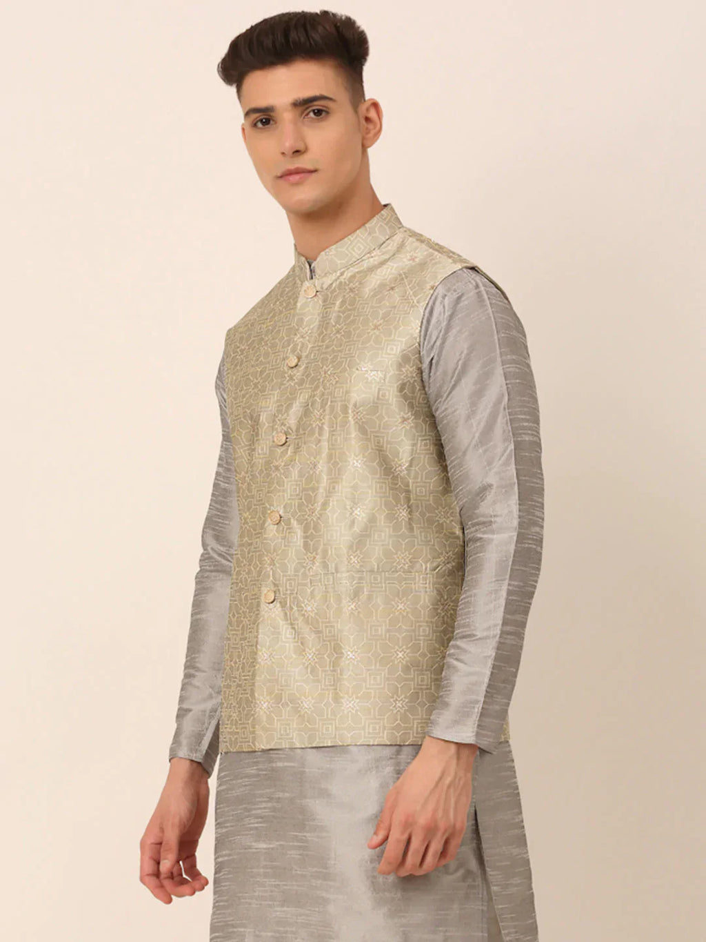 Jompers Men's Beige & Golden Woven Design Nehru Jackets-JOWC_4045Beige