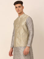 Jompers Men's Beige & Golden Woven Design Nehru Jackets-JOWC_4045Beige