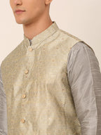 Jompers Men's Beige & Golden Woven Design Nehru Jackets-JOWC_4045Beige