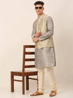 Jompers Men's Beige & Golden Woven Design Nehru Jackets-JOWC_4045Beige