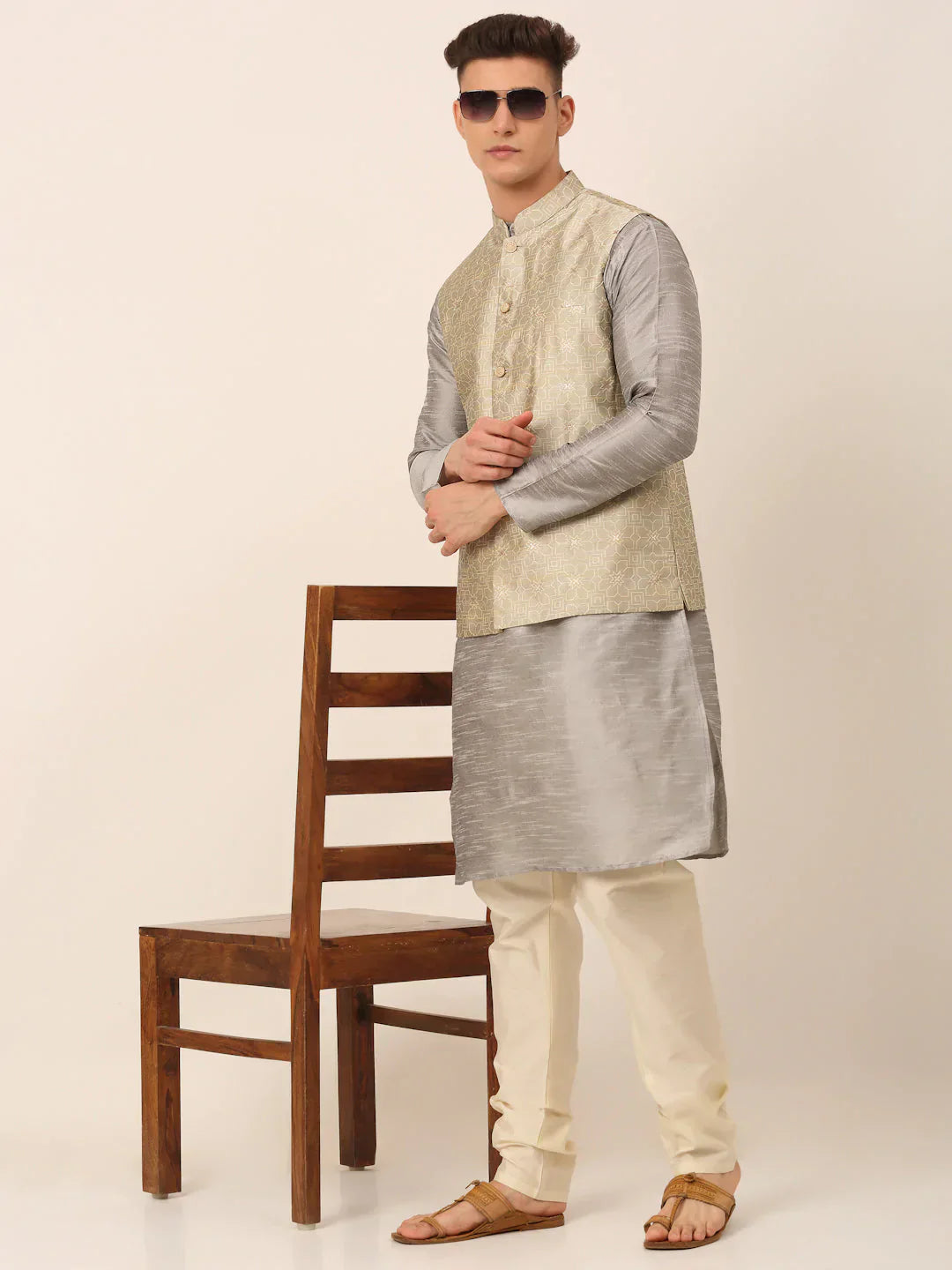 Jompers Men's Beige & Golden Woven Design Nehru Jackets-JOWC_4045Beige