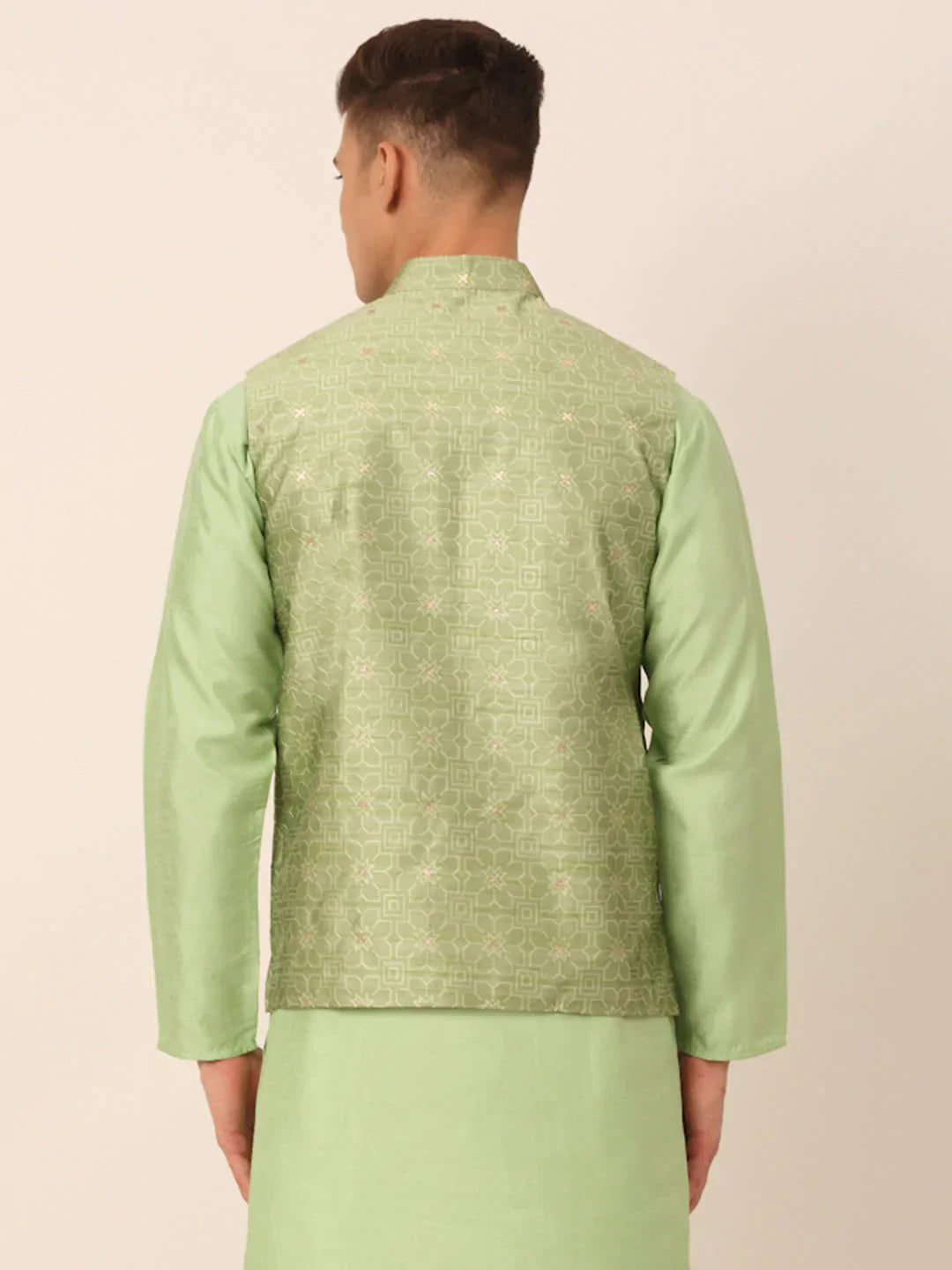 Jompers Men's Beige & Golden Woven Design Nehru Jackets-JOWC_4045Pista