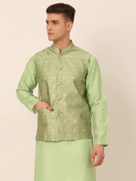 Jompers Men's Beige & Golden Woven Design Nehru Jackets-JOWC_4045Pista