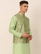 Jompers Men's Beige & Golden Woven Design Nehru Jackets-JOWC_4045Pista