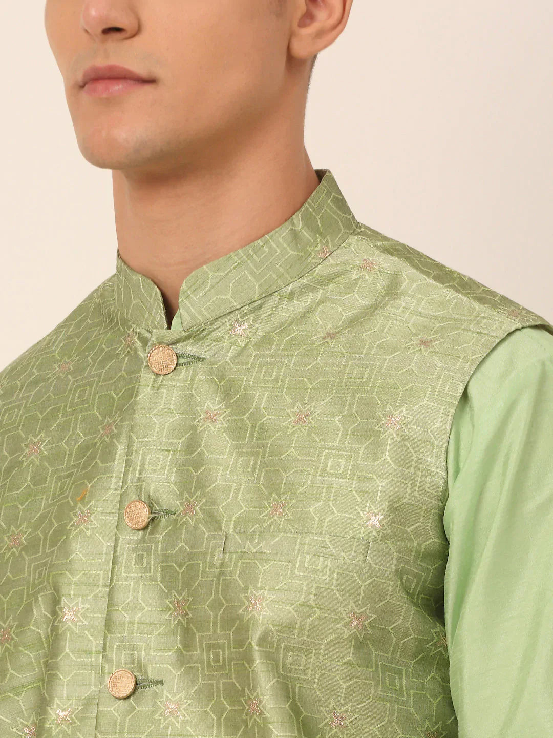 Jompers Men's Beige & Golden Woven Design Nehru Jackets-JOWC_4045Pista