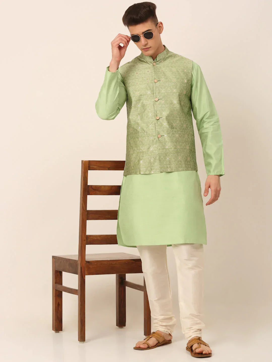 Jompers Men's Beige & Golden Woven Design Nehru Jackets-JOWC_4045Pista