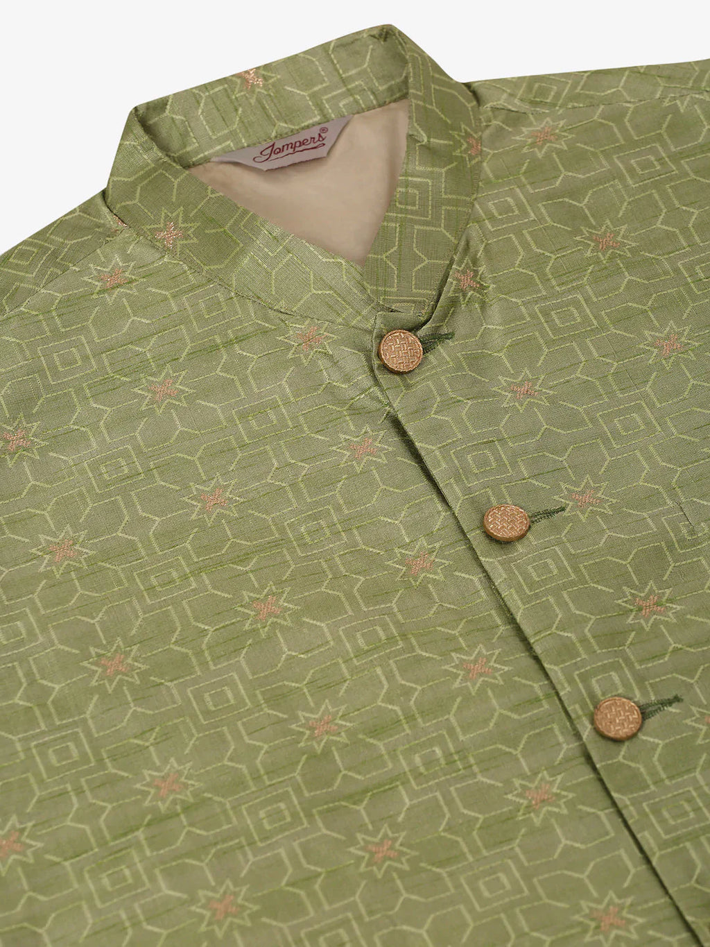 Jompers Men's Beige & Golden Woven Design Nehru Jackets-JOWC_4045Pista