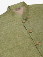 Jompers Men's Beige & Golden Woven Design Nehru Jackets-JOWC_4045Pista