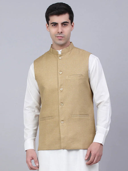 Jompers Men's Beige Solid Woven Sleeveless Nehru Jackets