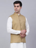 Jompers Men's Beige Solid Woven Sleeveless Nehru Jackets