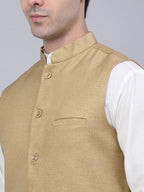 Jompers Men's Beige Solid Woven Sleeveless Nehru Jackets