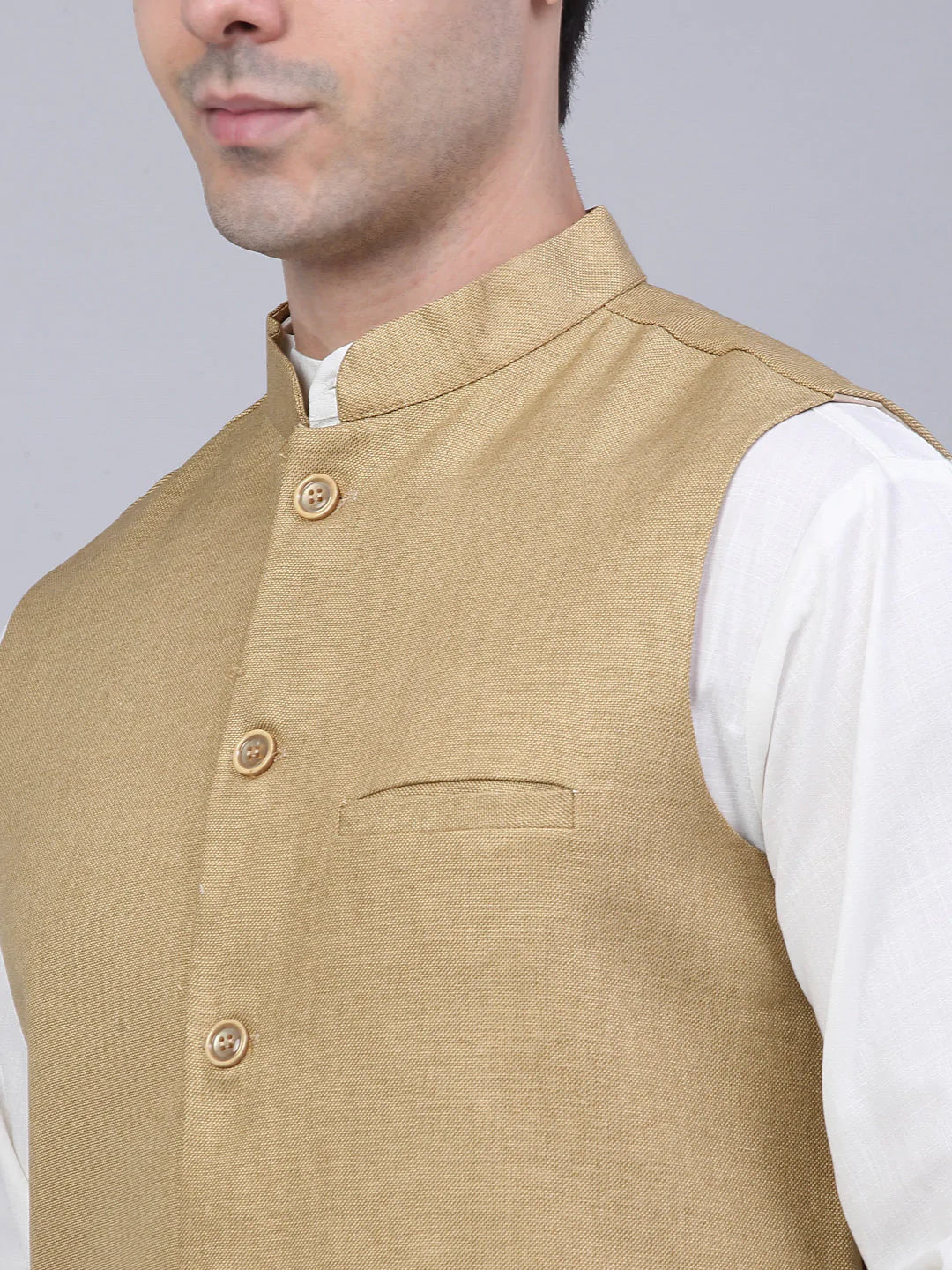 Jompers Men's Beige Solid Woven Sleeveless Nehru Jackets