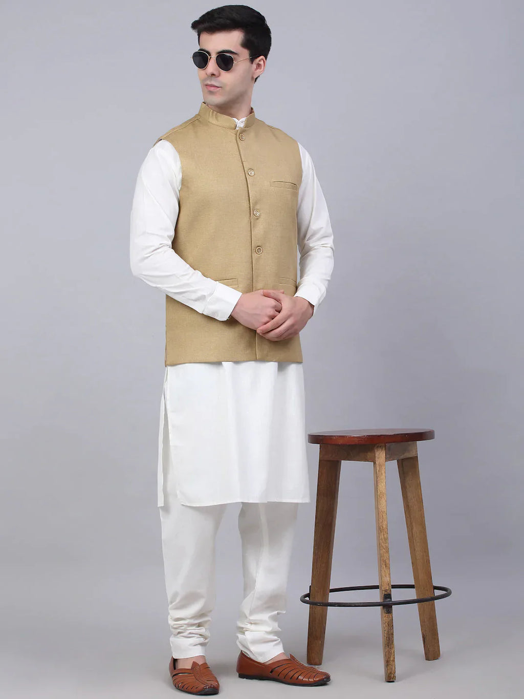 Jompers Men's Beige Solid Woven Sleeveless Nehru Jackets