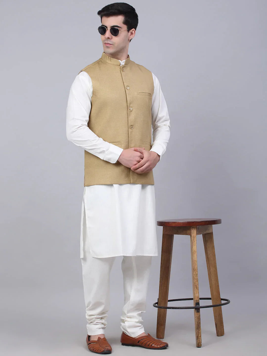 Jompers Men's Beige Solid Woven Sleeveless Nehru Jackets