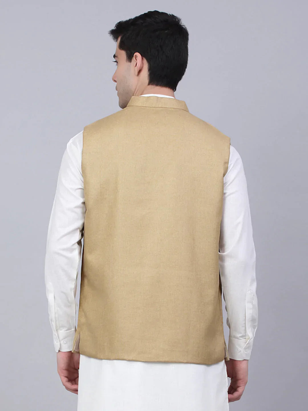 Jompers Men's Beige Solid Woven Sleeveless Nehru Jackets