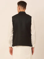 Jompers Men's Black Solid Woven Sleeveless Nehru Jackets