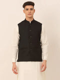 Jompers Men's Black Solid Woven Sleeveless Nehru Jackets